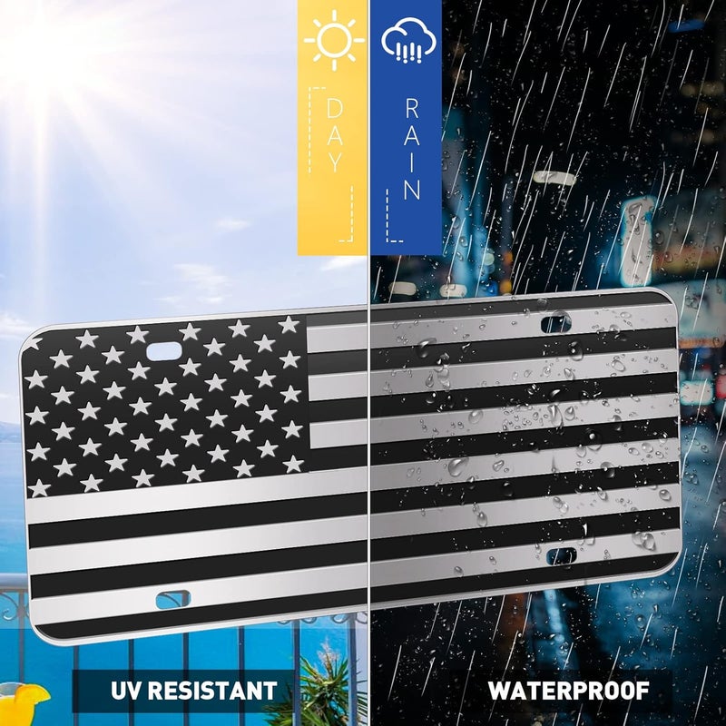 WYHCauto American Flag License Plate, Black Decoration Front Flag License Plates with 4 Holes, Aluminum Metal 3D Embossed US License Plate with Screws Caps, 6 * 12 inches Car Decor Accessory - Image 2